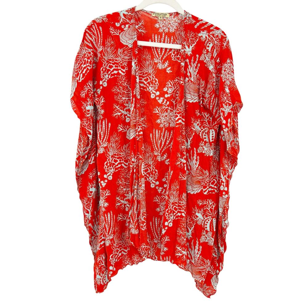 Pineapples Womens Hawaiian Beachy Fish Coral Print Kimono Cover Up Size M‎ Red